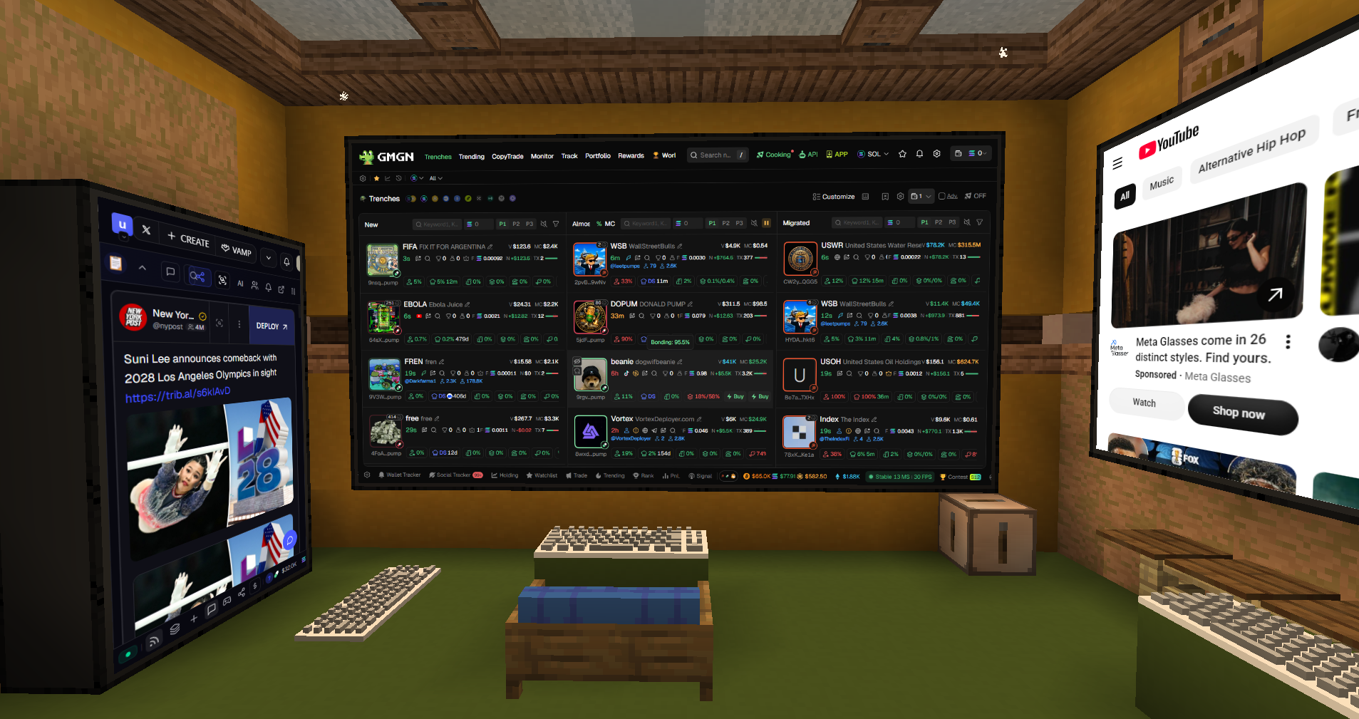 Trenchcraft in-game computer showing memecoin markets